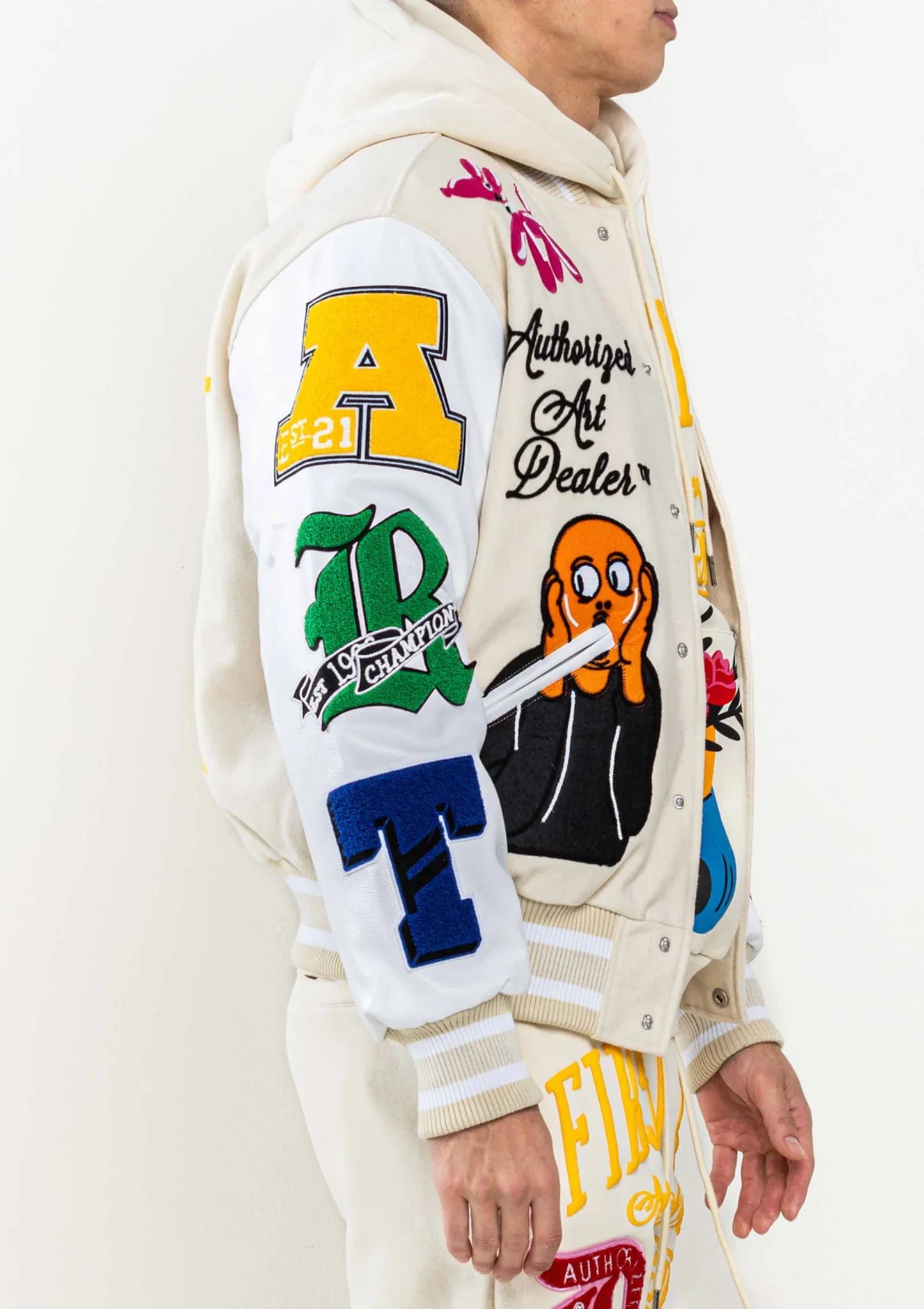 First Row Art Dealer Graphic Cream Cropped Varsity Jacket - Recreated Inspired Edition