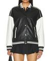 Black Varsity Bomber Leather Jacket With Stripes