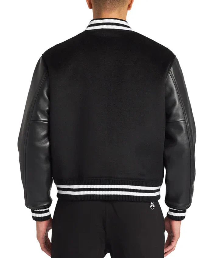Black Wool Varsity Jacket - Recreated Inspired Edition With Leather Sleeves