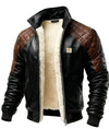 Black and brown leather jacket with quilted design and visible brand logo on a white background
