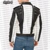 Black and white jacket with zippers on a white background with 'urban collections' text.