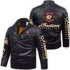 Black leather jacket with Indian Motorcycle branding on a white background