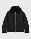 Black leather jacket with fur collar on a light gray background