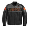 Black leather jacket with orange accents and 'Harley-Davidson' branding on a white background