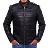 Black leather jacket worn by a person on a white background