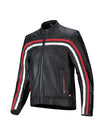 Black leather jacket with red and white stripes on a white background