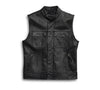 Black leather vest with multiple pockets on a white background