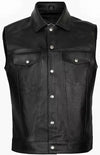 Black leather vest with silver buttons on a white background