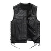 Black leather vest with lace-up front on a white background