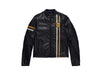 Black leather jacket with striped sleeves on a white background