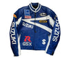 Blue and white motorcycle jacket with various brand logos on a white background