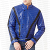 Blue leather jacket with black accents on a white background, featuring 'Urban Collections' branding.