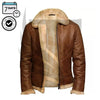 Brown leather jacket with beige fur lining on a white background
