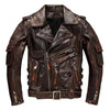 Brown leather jacket with multiple zippers on a white background