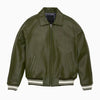 Green leather jacket with white trim on a white background
