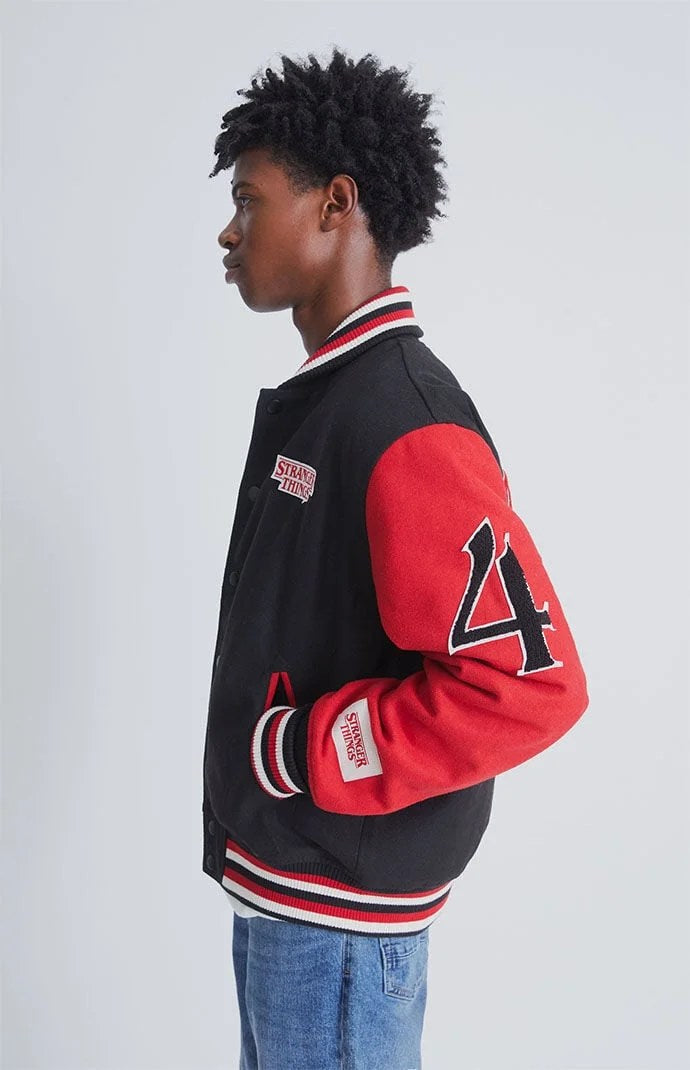 Stranger Things Hawkins Black & Red Letterman Varsity Jacket - Recreated Inspired Edition