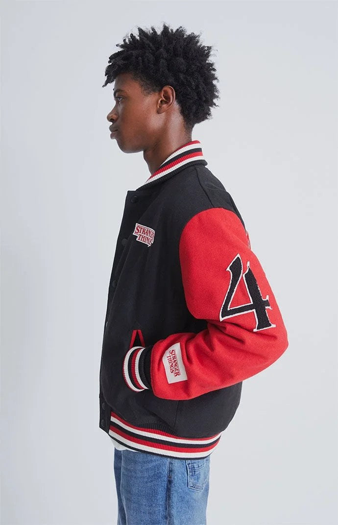 Stranger Things Hawkins Black & Red Letterman Varsity Jacket - Recreated Inspired Edition