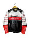 Motorcycle racing jacket with visible branding on a hanger