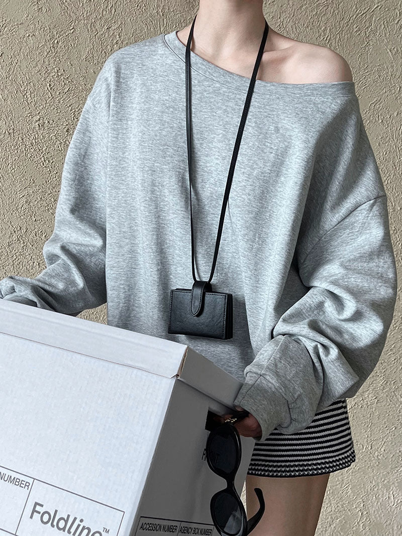 Luxi Relaxed Shoulder Sweatshirt Women's 2025 Autumn New Loose Lazy Style One-Neck Off-Shoulder Top 2809