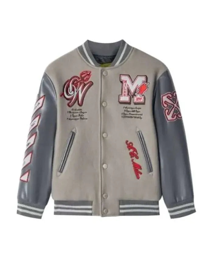 Off White X Ac Milan Grey Varsity Jacket - Recreated Inspired Edition