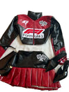 Red and black racing suit with Formula 1 logo on a white background