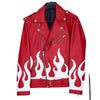 Red leather jacket with white flame designs on a white background