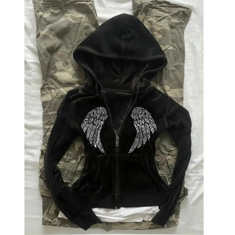 Vintage Jacket Grunge Zipper Sweatshirt Autumn and Winter Wings Print Slim Hoodie Gothic Fashion Trend Slim Street Outerwear y2k