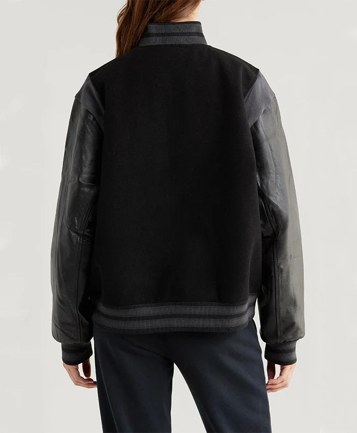 Sportswear Womens Black Leather Sleeves Bomber Jacket