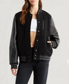 Sportswear Womens Black Leather Sleeves Bomber Jacket