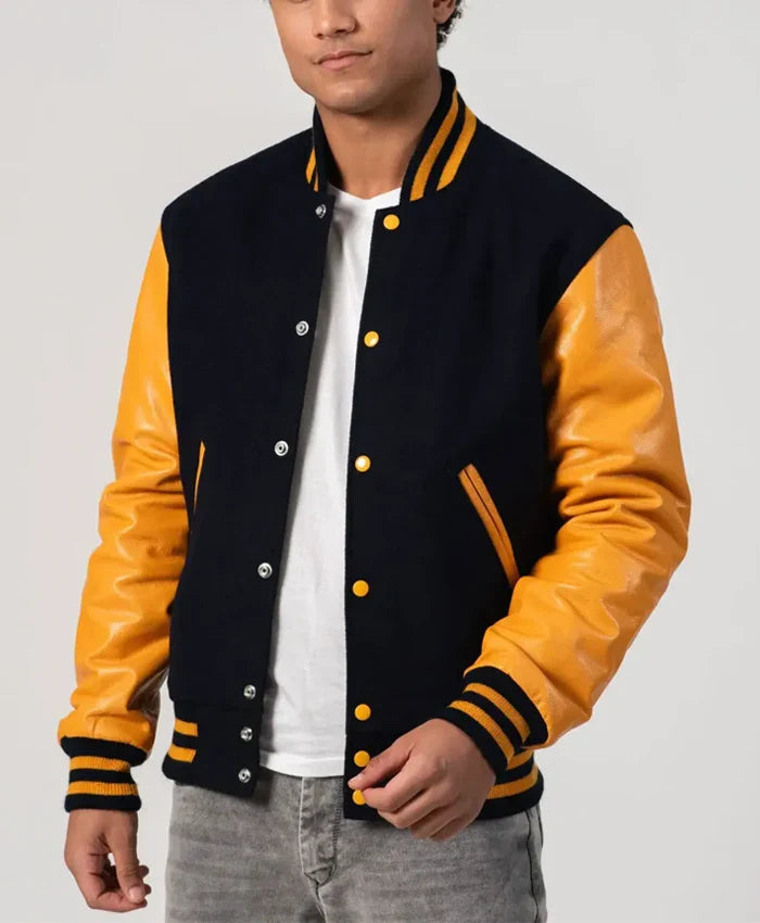 Unisex Black And Yellow Leather Varsity Jacket - Recreated Inspired Edition