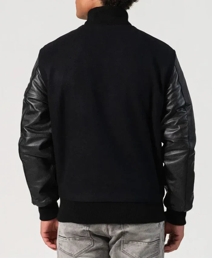 Unisex Black Varsity Jacket - Recreated Inspired Edition With Leather Sleeves
