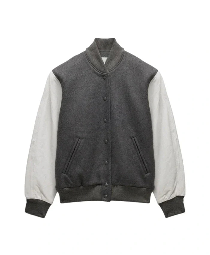 Unisex Light Grey Varsity Bomber Jacket