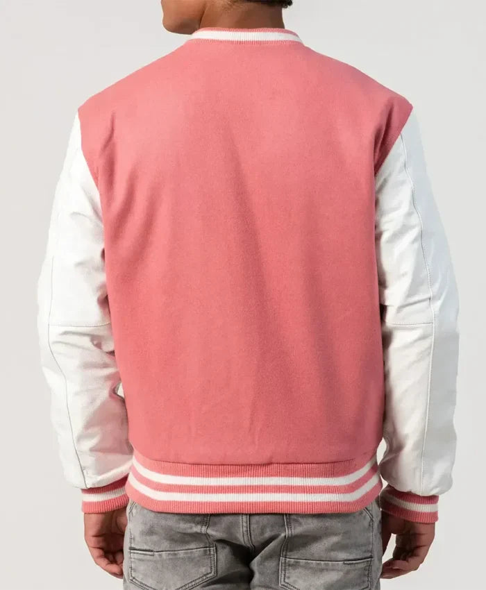 Unisex Pink Wool White Leather Sleeves Varsity Jacket - Recreated Inspired Edition