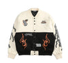 Varsity jacket with flame designs and '2023 CHAOS' text on a white background