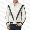 White jacket with black accents worn by a person on a white background with 'urban collections' text.
