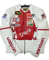 White motorcycle jacket with red and black accents featuring branding and graphics.