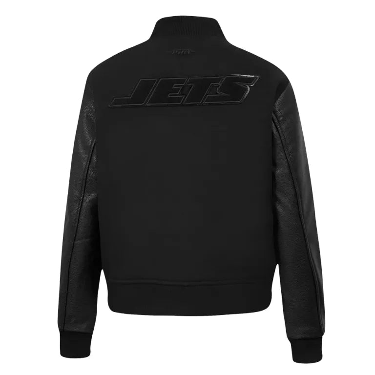 New York Jets Women’s Triple Black Wool/Leather Varsity Jacket