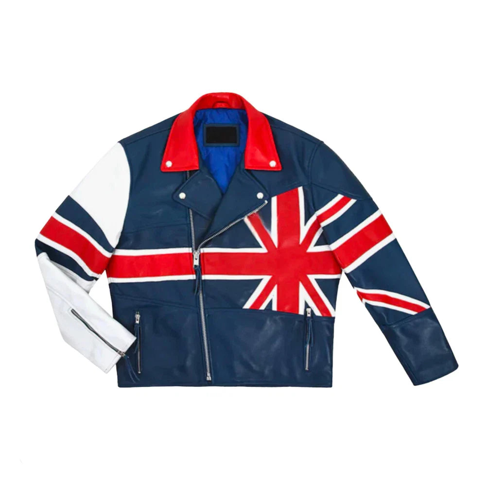 Men's Cowhide Leather Biker Jacket – British Flag Edition - Ykk Zip - BEST SELL
