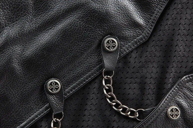 100% Genuine Men's Real Leather Bikers Vest With Chains | Bikers Leather Vest