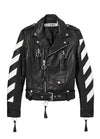 Off-White Style Leather Biker Jacket – Black & White Striped Moto Punk Rock Fashion