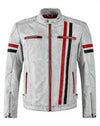 Men's Café Racer Vintage White Biker Leather Jacket – Red Black Stripes Real Leather 5033