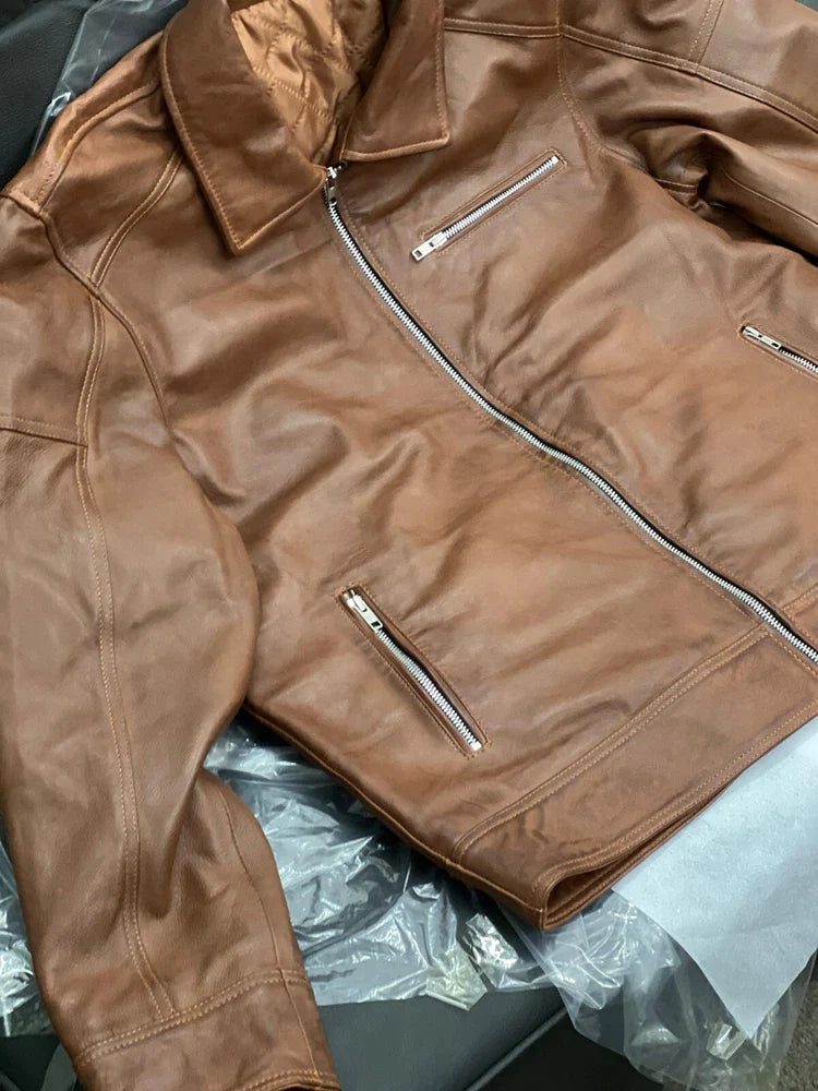 HANDMADE MEN'S GENUINE COWHIDE SLIM FIT LEATHER JACKET - CLASSIC BROWN ANTIQUE