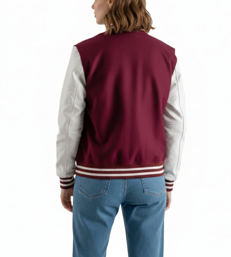 Women’s Burgundy Wool / White Leather Varsity Jacket