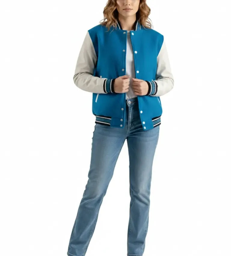 Women’s Deep Mid Sky Blue Wool / White Leather Varsity Jacket