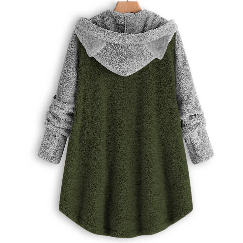 Cat Print Long Hoodies Sweatshirt Women Fleece Warm Button Pocket Pullovers Cat Ear Plus Size Hoodie Top Blouse Sweat Femme