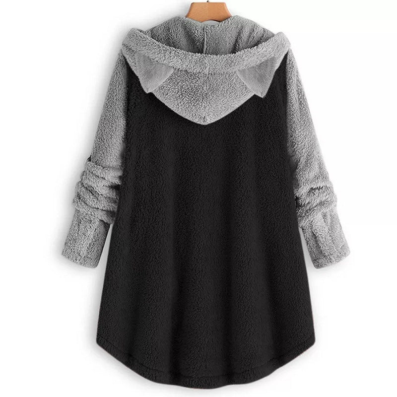 Cat Print Long Hoodies Sweatshirt Women Fleece Warm Button Pocket Pullovers Cat Ear Plus Size Hoodie Top Blouse Sweat Femme