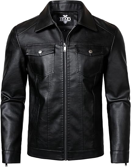 HOOD CREW Men's Leather Jacket – Motorcycle Biker Casual Lightweight Faux Leather Outerwear
