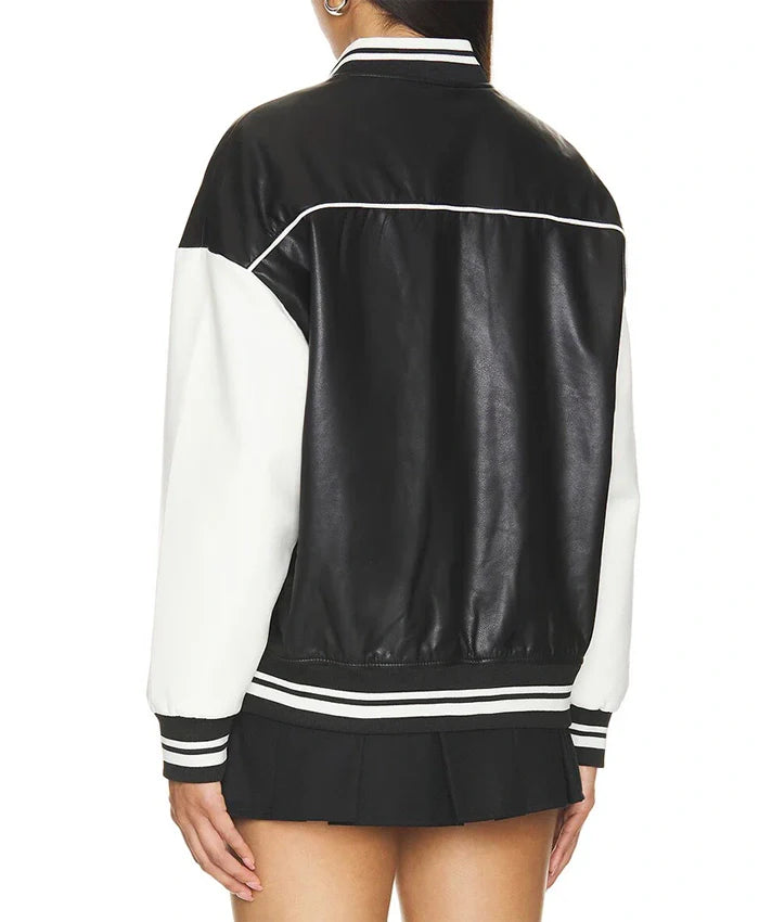 Black Varsity Bomber Leather Jacket With Stripes