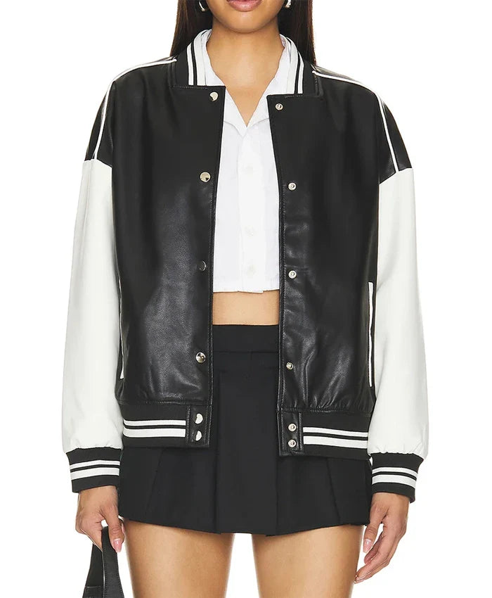 Black Varsity Bomber Leather Jacket With Stripes