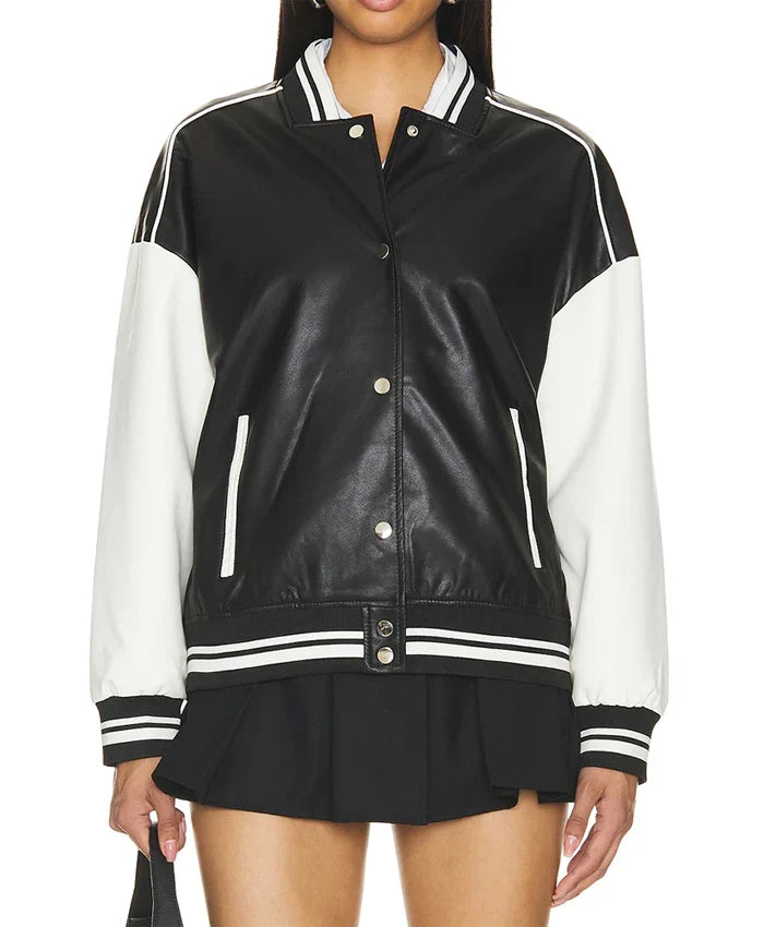 Black Varsity Bomber Leather Jacket With Stripes